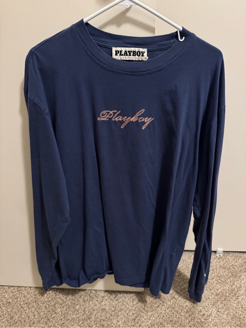 PLAYBOY Navy Long-Sleeve Tee with Pink Script Logo